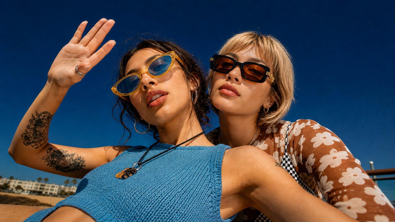 Two people wearing Nxtedit sunglasses against a deep blue sky, Nxtedit sunglasses