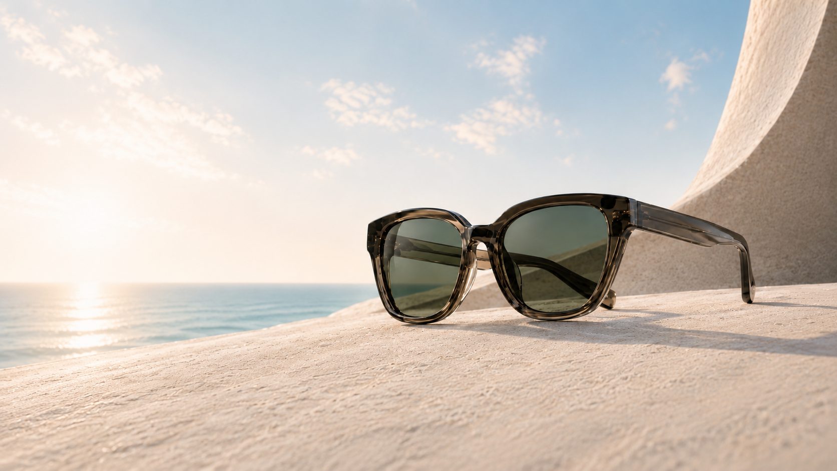 edit sunglasses on a sunlit coastal ledge